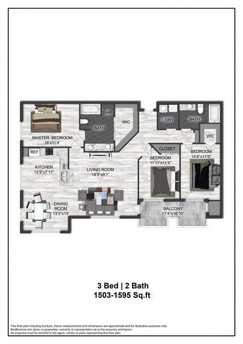 A floor plan of a 3 Bed 2 Bath apartment.